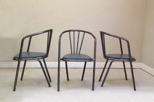 set of 3 polished metal vintage chairs